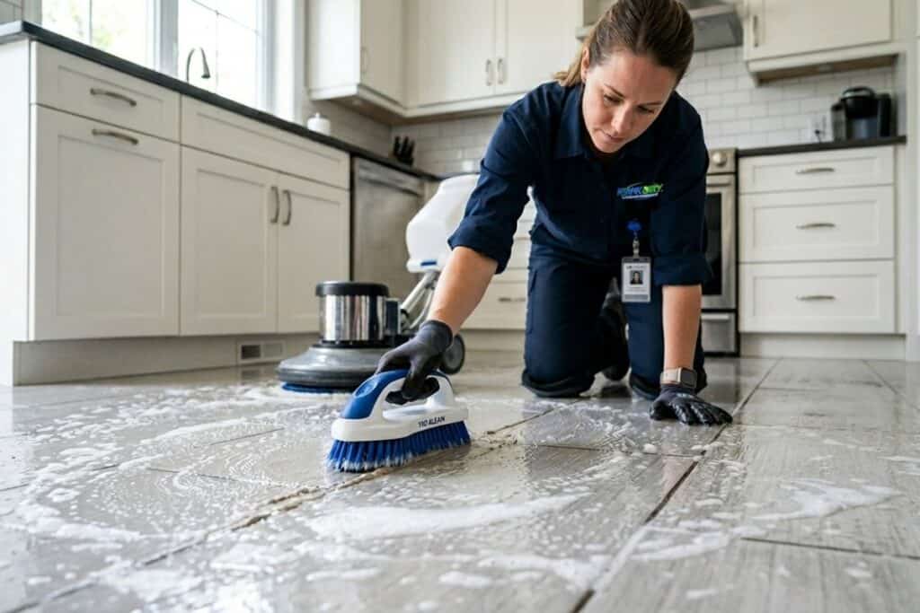 Hand scrubbing kitchen floor tiles and grout with a brush during a deep clean