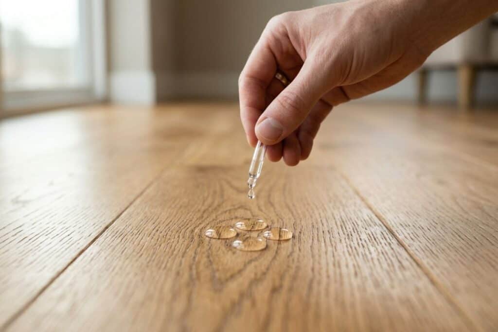 Water beading on a sealed hardwood floor during a simple finish test.